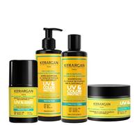 Kerargan - Tratamiento Completo Protección UV con Aceite de Marula para Cabello Seco y Teñido - Champú, Acondicionador, Mascarilla, Suero - Sin Sulfatos, OGM, Aceite Mineral - 3x250ml + 1x50ml