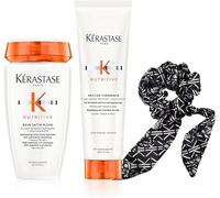 Kerastasa nutritiva - Rutina nutritiva y sublimador para cabello seco y grueso - Champú de baño de satén rico (250 ml) + néctar térmico (150 ml) + Foulchy (Chouchou Foulard)