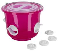 Kerbl Hobbyfarming Cubo para pienso, dispensador de pienso, con Tapa, asa y 4 Aberturas, Rosa Transparente, 38 x 33 x 36,5 cm, 12 l, para Colgar o Colocar en el Suelo