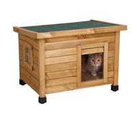 Kerbl Rustica Casa de madera para gatos, puerta de listones, ventana de plexiglás, patas de plástico regulables en altura, marrón/verde, 57 x 45 x 43 cm