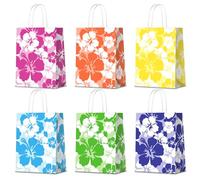 KERINGO 24 bolsas de papel con temática hawaiana de hibisco con asas, regalo tropical de verano, Tiki Luau, bolsas de regalo hawaianas, suministros de fiesta de cumpleaños para niños