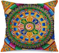 KEROTA Funda de almohada Zenlike Exterior Monasterio Fresco Símbolo Detalle tibetano Adorno de viaje Colorido Pintura mural de lino suave Decorativa Funda de almohada cuadrada de 18 x 18 pulgadas para decoración de coche