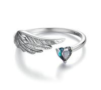 Kerraom Anillo Alas Ángel Plata 925, Aro Ajustable Mujer Niña, Anillos Anel Corazón Negro Azul Circonita, Joyería Regalo Original Simbólica Guardián