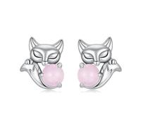 Kerraom Aretes de Zorro Plata 925 Hipoalergénicos - Pendientes Pequeños de Cristal con Cuarzo Rosa para Mujer o Niña, Joyería Animales, Regalo para Pareja, Madre, Antialérgicos