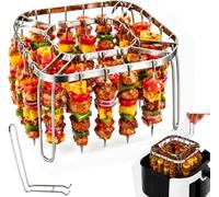 KERYBW Soporte plegable para brochetas de aire caliente, rejilla - Juego de accesorios de acero inoxidable con 28 pinchos y elevadores - Parrilla cuadrada 15,7 x 15,7 x 10 cm para airfryer a partir de