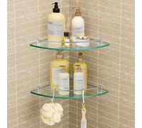 KES Estanteria Baño Esquina Estantería de Cristal Ducha 7MM Grueso Vidrio Templado 2 Piezas Estante Baño Cristal Pared con Toallero Acero Inoxidable SUS304 Acabado Cepillado, BGS2101A-2-P2