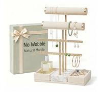 KES Soporte de joyería de mármol natural con base de mármol pesado, soporte de pulsera de 3 niveles extra resistente para collares, aretes, anillos, relojes, organizador de joyas de barra en T, beige