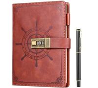 Kesote Diario con contraseña Cuaderno de Tapa Dura con cerradura de combinación Diario secreto A5 con Bolígrafo Registro de Trabajo Agenda 212 Páginas (Marrón)