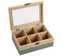 Kesper® | Caja de té, material: bambú con certificado FSC®, 6 compartimentos, con ventana y cierre retro, caja de té para almacenamiento, dimensiones: 21,5 x 15 x 8,5 cm, sin té, color: verde y
