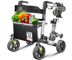 KESSER® Andador plegable con asiento y respaldo, 4 Ruedas/Frenos/Saco de Compra y Porta Bastón, Altura Ajustable 82-94cm, Andador, Carro, Rollator para Ancianos