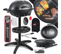 KESSER® Barbacoa eléctrica 2 en 1 con tapa y soporte, máx. 2400 W, incluye termómetro, cubierta para barbacoa y pinzas de barbacoa, antiadherente, XXL, parrilla de columna eléctrica