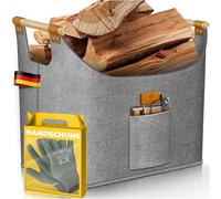 KESSER® Cesta para leña de 90 litros | Bolsa para leña de chimenea de fieltro extra grueso | Cesta plegable con asas de madera reforzadas | Cesta de almacenamiento para madera, periódico o leña |