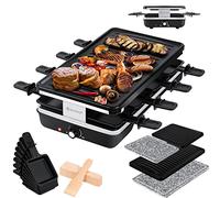 KESSER® El raclette grill con piedra de parrilla natural, placa de parrilla de mesa para 8 personas, parrilla eléctrica de raclette placa de parrilla con revestimiento antiadherente, 8 sartenes, negro