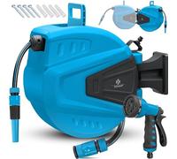 KESSER® Enrollador de mangueras Agua | Ducha de mano múltiple | Giratorio 180° | Tapón de rebobinado | Montaje en la pared | Caja de mangueras de pared | Manguera de jardín, azul 30 M