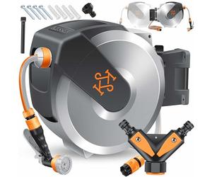 KESSER® Enrollador de Mangueras, Manguera de Jardín, Montaje en Pared, Giro de 180° y Retracción Automática, incl. Teleducha de 7 funciones, 20m - Gris Claro/Gris