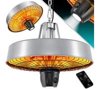 KESSER Estufa de techo con infrarrojos de 2500 W, con mando a distancia, calentador de cuarzo, luz LED, techo, con cadena y mosquetón, elemento calefactor de carbono
