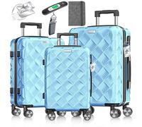 KESSER® Juego de 3 maletas de viaje, maletín rígido de ABS con cerradura de combinación, báscula y cartera de viaje, ruedas de 360°, equipaje de mano y maleta grande para negocios y viajes, azul