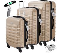 KESSER® - Juego de 3 maletas rígidas con 4 ruedas, maletas de viaje, con candado, cerradura, con asa extensible, tamaños M-L-XL, champán, M-L-XL