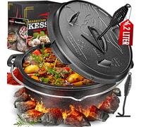 KESSER® Juego de horno holandés para barbacoa, 12 litros, olla para hoguera con posavasos de acero inoxidable, olla de hierro fundido con elevador de tapa, asa y ranura para termómetro