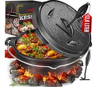 KESSER® Juego de horno holandés para barbacoa, 12 litros, olla para hoguera con posavasos de acero inoxidable, olla de hierro fundido con elevador de tapa, asa y ranura para termómetro