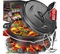 KESSER® Juego de horno holandés para barbacoa, 12 litros, olla para hoguera con posavasos de acero inoxidable, olla de hierro fundido con elevador de tapa, asa y ranura para termómetro