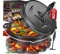 KESSER® Juego de horno holandés para barbacoa, 12 litros, olla para hoguera con posavasos de acero inoxidable, olla de hierro fundido con elevador de tapa, asa y ranura para termómetro