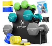 KESSER Juego de mancuernas, 3 pares, 1 kg - 5 kg, 12 kg o 18 kg, con soporte, almacenamiento, gimnasio, entrenamiento de fuerza, juego de pesas de neopreno antideslizante, con cuaderno de ejercicios