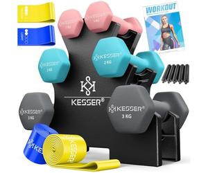 KESSER Juego de mancuernas, 3 pares, 1 kg - 5 kg, 12 kg o 18 kg, con soporte, almacenamiento, gimnasio, entrenamiento de fuerza, juego de pesas de neopreno antideslizante, con cuaderno de ejercicios