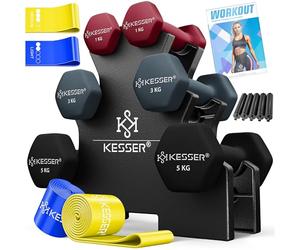 KESSER Juego de mancuernas, 3 pares, 1 kg - 5 kg, 12 kg o 18 kg, con soporte, almacenamiento, gimnasio, entrenamiento de fuerza, juego de mancuernas de neopreno antideslizante, color gris magenta