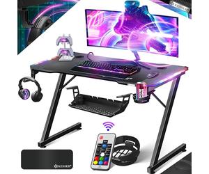 KESSER® Mesa Gaming | 100 x 60 cm | Incl. LED | Escritorio para Gamer en Forma de Z | Soporte para Auriculares | Mesa ergonómica para Ordenador | In lfombrilla de ratón y Soporte