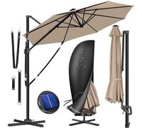 KESSER® Parasol SUN Redondo XL Ø330 cm Con LED Solar Sombrilla de Jardín con Cubierta + Seguridad Viento Ajustable 7 Posiciones Giratorio Inclinable Gira 360° Manivela Protección Solar UV50+ Topo