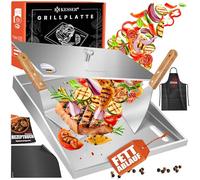 KESSER Plancha de acero inoxidable con tapa y drenaje de grasa, 40 x 30 cm, inoxidable, resistente al calor hasta 800 °C, apta para lavavajillas para gas y carbón vegetal con 2 espátulas, delantal