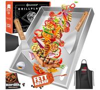 KESSER® Plancha de asar de acero inoxidable 40x30cm sin óxido con desagüe de grasa, resistente al calor hasta 800°C y apta para lavavajillas para parrilla de gas y carbón vegetal incl. 2 espátulas