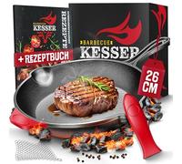 KESSER® Sartén redonda de hierro fundido de 26 cm, para inducción, parrilla de gas, horno y parrilla de carbón, precocida para carne, incluye asas protectoras