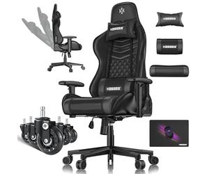 KESSER Silla de gaming ergonómica con reposacabezas y cojín lumbar, soporta hasta 150 kg, reposabrazos 360°, giratoria, con ruedas de goma