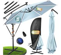 KESSER® Sombrilla de Aluminio LED Solar con Cubierta, Control Remoto y Manivela, Sombrilla con Soporte, Función 360°, Protección UV, Resistente al Agua (Azul Claro, 350cm)