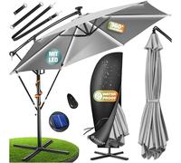 KESSER® Sombrilla LED Solar Aluminio 300cm Incluido Funda Control Remoto & Manivela | Parasol con Soporte Función 360° Protección UV Repelente Agua para Jardín Terraza Mercado Gris claro