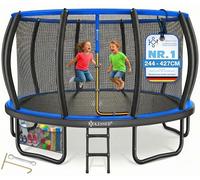 KESSER Trampolín exterior Ø 244/305/366/427 cm, certificado GS, cama elástica de jardín para niños y adultos < 150 kg con red de seguridad, incluye bolsa, escalera, cubierta de borde y barras de red