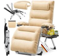 KESSER® Tumbona Plegable XXL, Resistente a la Intemperie, Capacidad de Carga 200kg, Tapizado Ergonómico, Respaldo Ajustable, Cojín Cervical, Portavasos y Cojín para Brazos, Basic - Beige