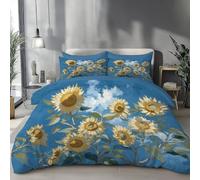 KETAFOUND Juego Funda Nórdica3 Piezas para Cama105 - Funda Nordica180 X 220 Cm,2 Fundas Almohada 50X75Cm,Girasoles Bajo El Cielo Azul Pinturas Al Óleo Impresionistas, Microfibra Suave Transpirable