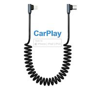 KETAKY Plus Cable iPhone Coche en Espiral de 90 Grados, Certificado Carplay y MFi, Cargador Retráctil para iPhone con Transmisión de Datos, Cable de Carga Corto en ángulo Recto para iPhone/Pad/Pod
