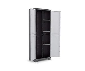 Keter Armario Linear Escobero|Armario Escobero de almacenaje|Resina|2 Puertas y 3 baldas|Color Negro/Gris,Tiradores En Azul|68 x 39 x 173 cm