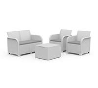 Keter Conjunto de Jardín Rosalie 2 sillones y sofá 2 plazas y Mesa | 120 x 64 x 60 cm, color blanco, Resina imitación ratán Trenzado, Cojines incluidos, mesa contenedora