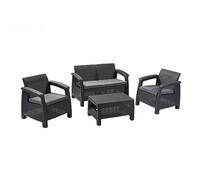 Keter Corfu Conjunto de jardín Exterior 4 plazas y Mesa con Cojines incluidos, Resina con Acabado ratán Plano, Color Grafito