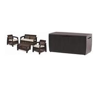 Keter Corfu Conjunto de jardín Exterior 4 plazas y Mesa con Cojines incluidos, Resina con Acabado ratán Plano, Marrón & Capri - Arcón Exterior, Baúl almacenaje, Capacidad 305L, Resina, Color marrón