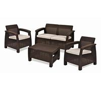 Keter Corfu Conjunto de jardín Exterior 4 plazas y Mesa con Cojines incluidos, Resina con Acabado ratán Plano, Marrón