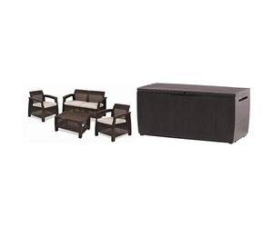 Keter Corfu Conjunto de jardín Exterior 4 plazas y Mesa con Cojines incluidos, Resina con Acabado ratán Plano, Marrón & Capri - Arcón Exterior, Baúl almacenaje, Capacidad 305L, Resina, Color marrón