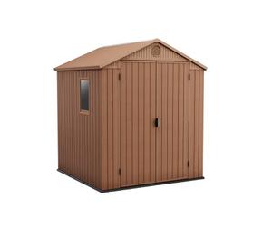 Keter Darwin - Cobertizo de Almacenamiento de jardín de Doble Puerta Apex para Exteriores, 6 x 6 pies, Color marrón Evotech+, Aspecto y Tacto de Madera, no se decolora, Resistente a Todo Tipo de