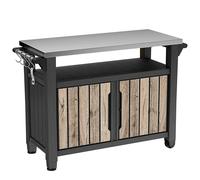 Keter Mesa de barbacoa Unity XL | Mesa de servicio en imitación de madera de pino | 298 litros | con placa de acero inoxidable, puertas, estante, suspensiones, soporte para rollos de cocina, ruedas y