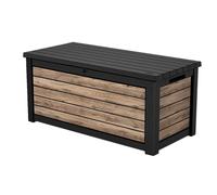 Keter Northwood - Caja para cojines (623 L, 100% resistente al agua, con ventilación, por lo que no tiene mal olor/moho, aspecto moderno de madera, tapa soporta hasta 250 kg, tapa con resortes de gas
